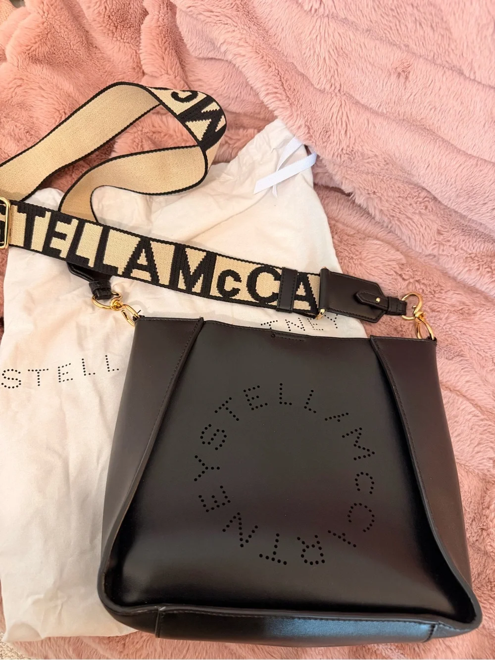 Stella McCartney Black Vegan Leather with Beige Logo Strap Crossbody Bag